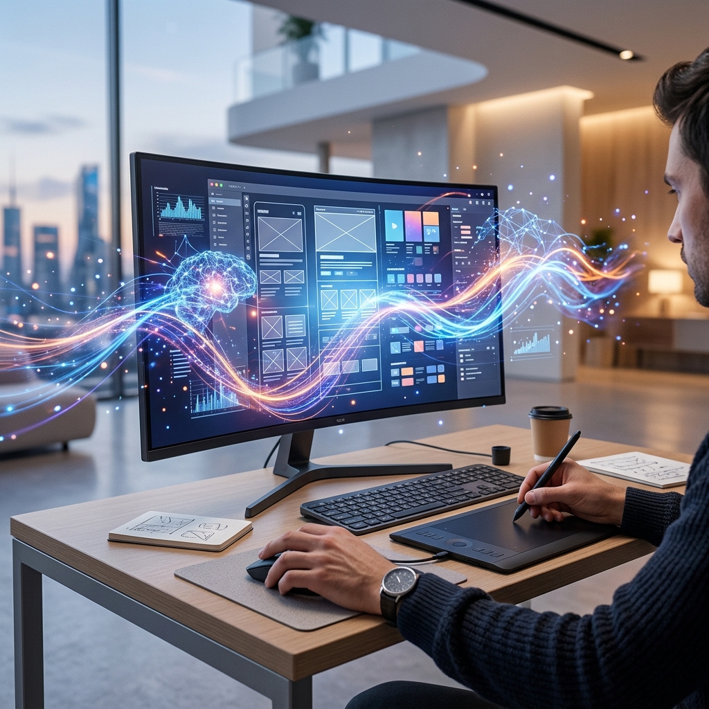 Mesa de designer moderno com um computador exibindo um prototipo de interface de usuario, com elementos abstratos de IA generativa e velocidade. Maos interagem com mouse ou tablet, simbolizando colaboracao humano-IA.