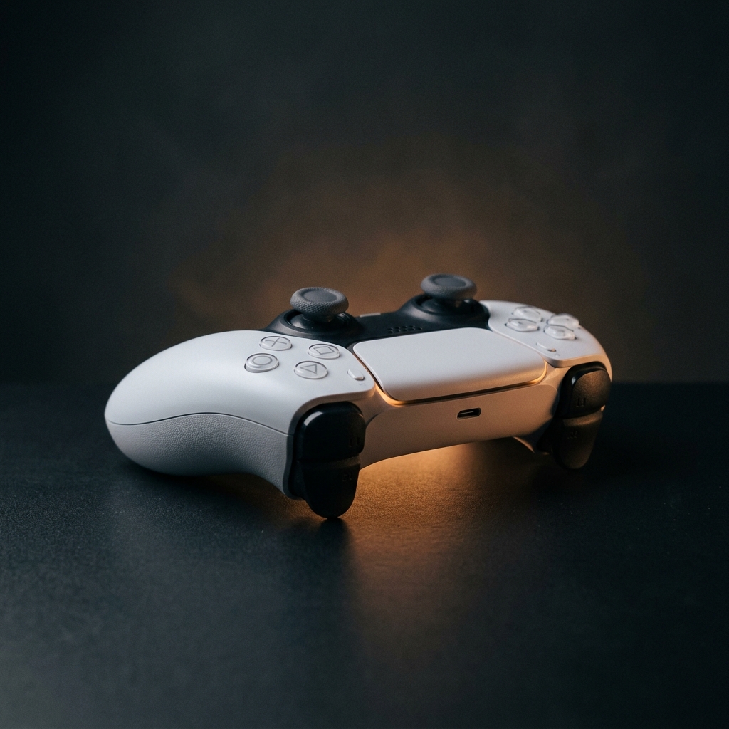 Controle DualSense da PlayStation repousando em um fundo neutro, com luz suave, simbolizando a espera e a expectativa pelos novos jogos do PS Plus.