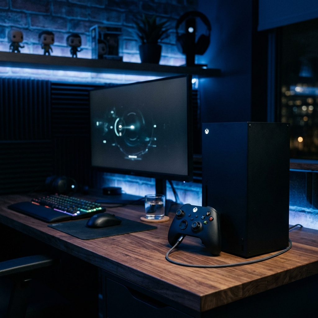 Foto editorial de um console de videogame moderno em uma mesa de madeira com iluminacao azul no fundo