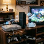 Uma composicao visual de consoles PlayStation classicos (PS1, PS2, PSP) com elementos de nuvem e streaming, simbolizando a fusao entre nostalgia e tecnologia moderna para jogos.