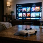 Controle de PlayStation 5 sobre uma mesa com uma luz suave de uma tela ao fundo, mostrando nomes de jogos, simbolizando as novidades do PS Plus Premium.