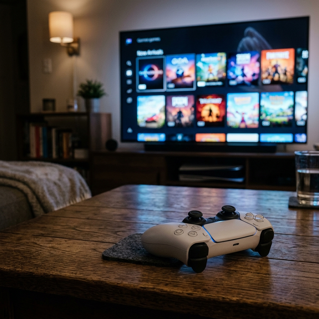Controle de PlayStation 5 sobre uma mesa com uma luz suave de uma tela ao fundo, mostrando nomes de jogos, simbolizando as novidades do PS Plus Premium.