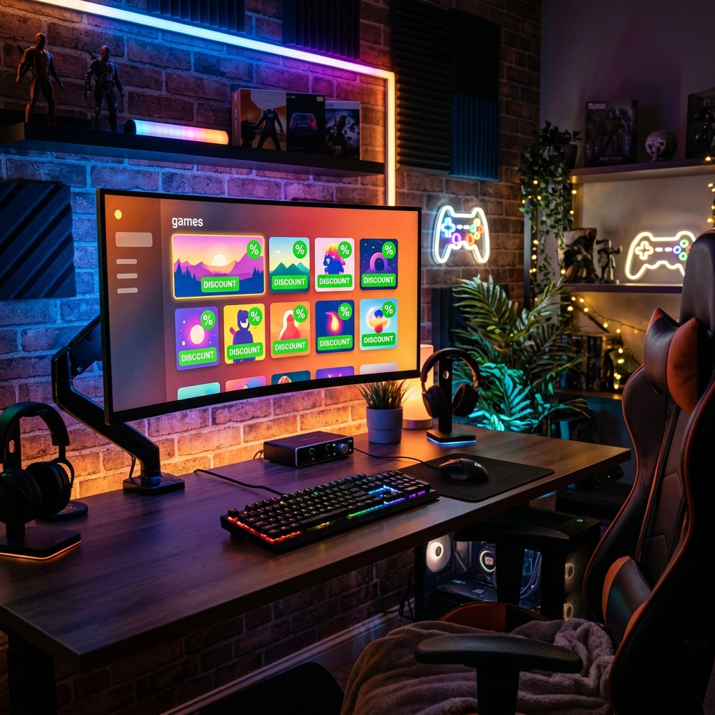 Monitor de computador exibindo uma loja digital de jogos com etiquetas de desconto em um quarto gamer moderno