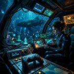 Cabine de submersivel diante de um oceano alienigena azul com luzes bioluminescentes e clima de exploracao.