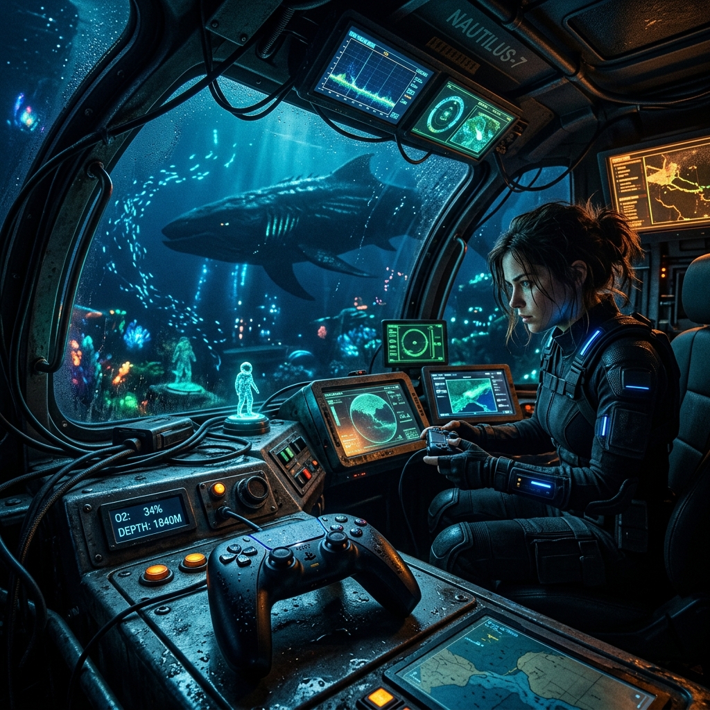 Cabine de submersivel diante de um oceano alienigena azul com luzes bioluminescentes e clima de exploracao.