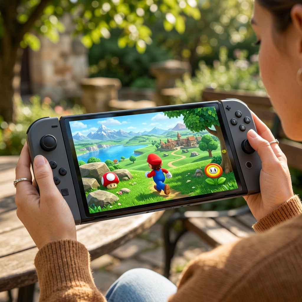 Mario explorando um mundo colorido e aberto, com o console Nintendo Switch 2 em destaque, simbolizando a aventura e a inovacao.