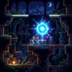 Cena de jogo indie com graficos pixelados, mostrando uma centelha brilhante em um ambiente escuro, simbolizando o sucesso e a inovacao de um novo titulo na Steam.