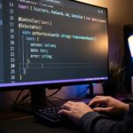 Interface de código com sintaxe TypeScript em tons de azul e roxo suaves.