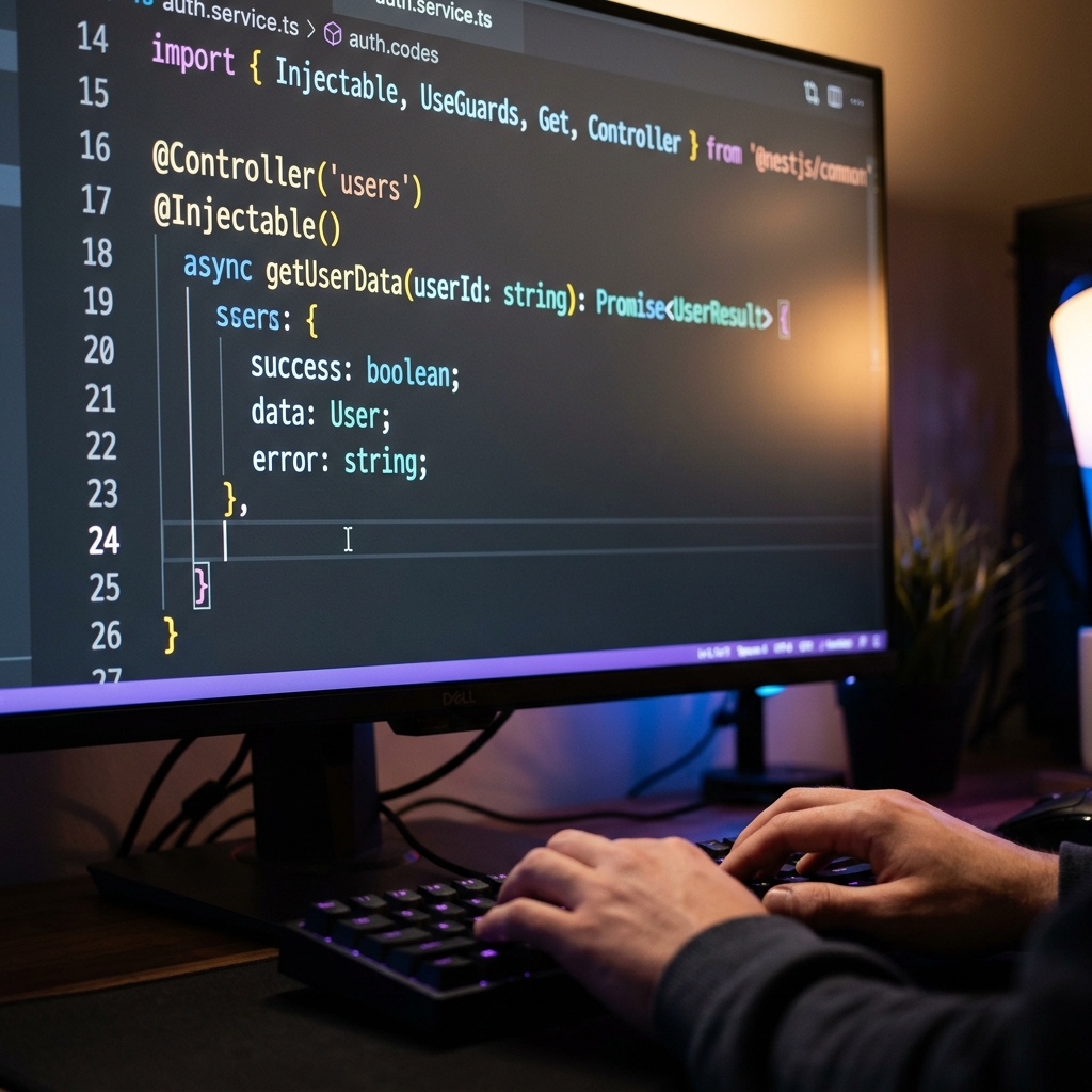 Interface de código com sintaxe TypeScript em tons de azul e roxo suaves.