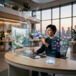 Um designer humano trabalhando em um computador com elementos de UI gerados por inteligencia artificial flutuando ao redor, simbolizando a colaboracao entre IA e design em um estudio moderno.