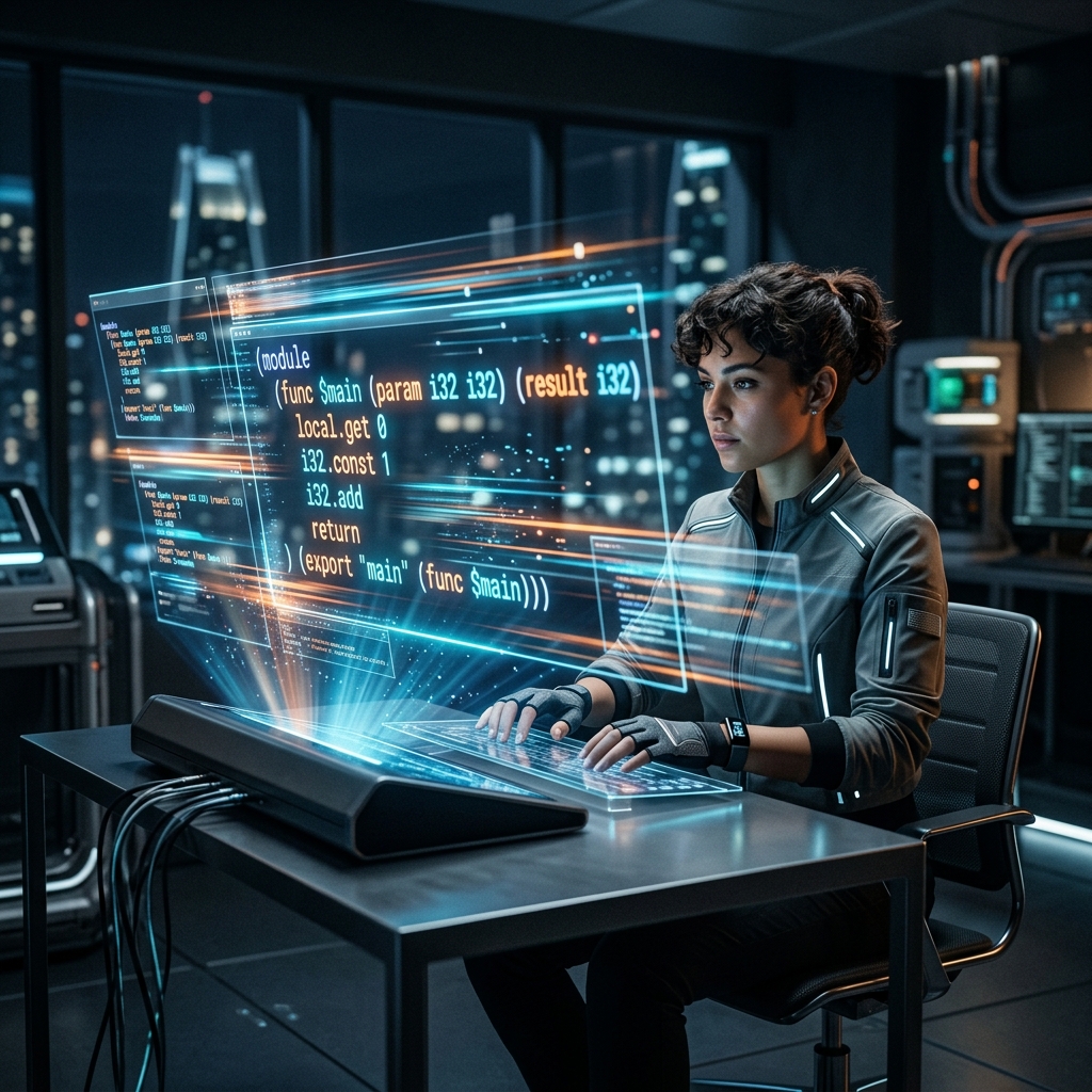 Um desenvolvedor trabalhando em codigo WebAssembly em uma interface futurista, simbolizando a velocidade e o futuro do desenvolvimento web.