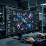 Representação visual abstrata e vibrante de gráficos 3D sendo renderizados em um navegador web, com linhas luminosas e formas geométricas.