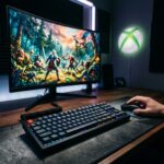 Teclado e mouse de gamer em uma mesa, com um monitor ao fundo exibindo um jogo vibrante, simbolizando o Xbox Cloud Gaming.
