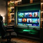 Sala de jogos moderna com console aceso em verde e interface de servico de assinatura de games em uma TV grande.