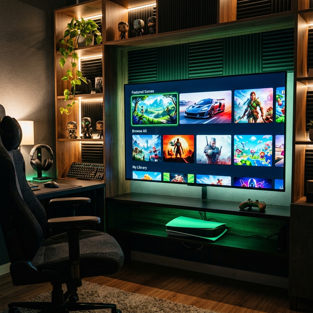 Sala de jogos moderna com console aceso em verde e interface de servico de assinatura de games em uma TV grande.