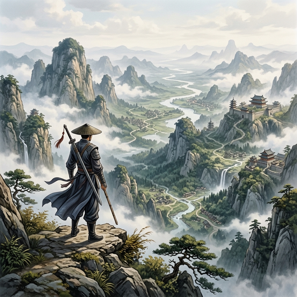 Imagem de um guerreiro solitario em um vasto cenario de fantasia oriental, representando o RPG "Where Winds Meet".